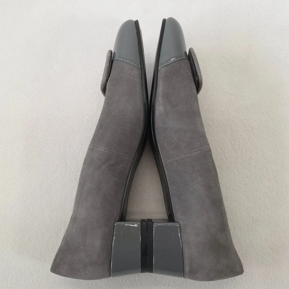 David Tate Gray Suede Low Block Heel Buckle Pumps Round Toe Shoes Size 9